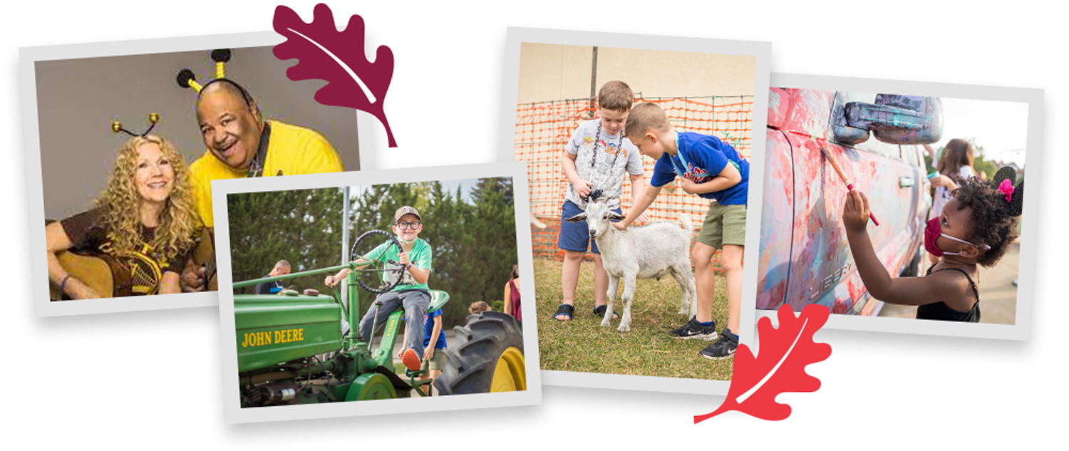 Image collage showing musicians, boy smiling on a green tractor, two young kids petting a goat, and young girl painting a car